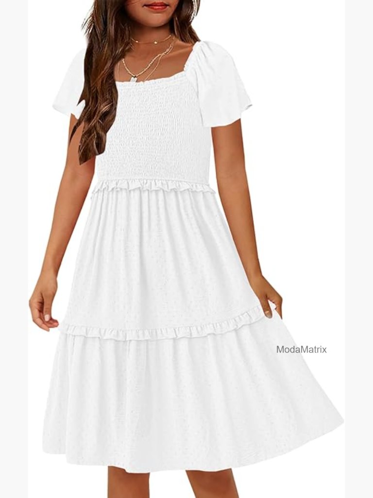 Swiss Dot Smocked Ruffle Tiered Swing Boho Midi Dress With Pockets - Girls 6-12